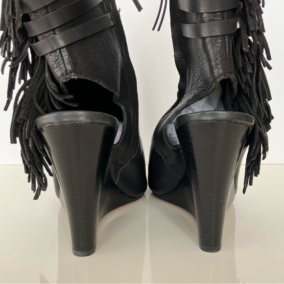 Rebecca Minkoff Black Fringe Stevie Peep Toe Wedge Booties Size 10 - Picture 9 of 15